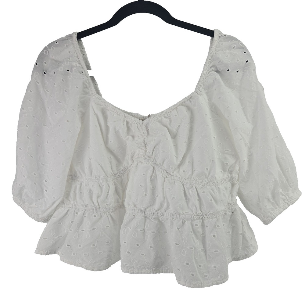 A New Day Women'sā Large White Cotton Eyelet Cropped Puff Sleeve Top NWT